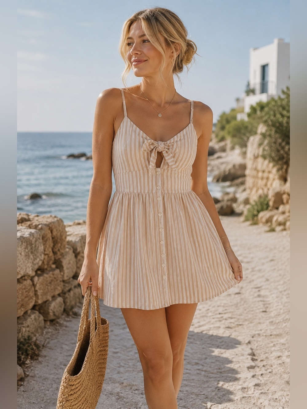 Abercrombie & Fitch Beige Striped Tie Front Mini Coastal Dress | Size M Tall